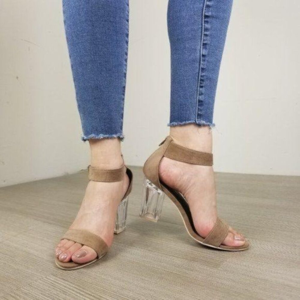 Lucite Clear Heel Tan Vegan Suede Heel Sandal - Picture 7 of 7